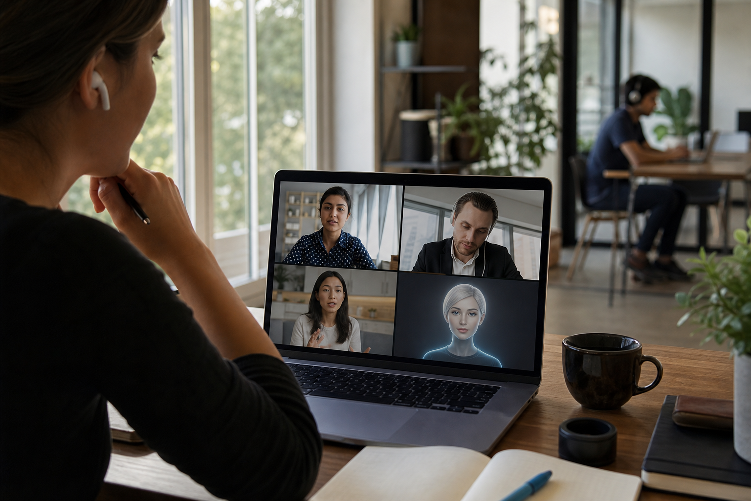Distributed colleagues participating in a remote meeting with an AI assistant visible in the call interface