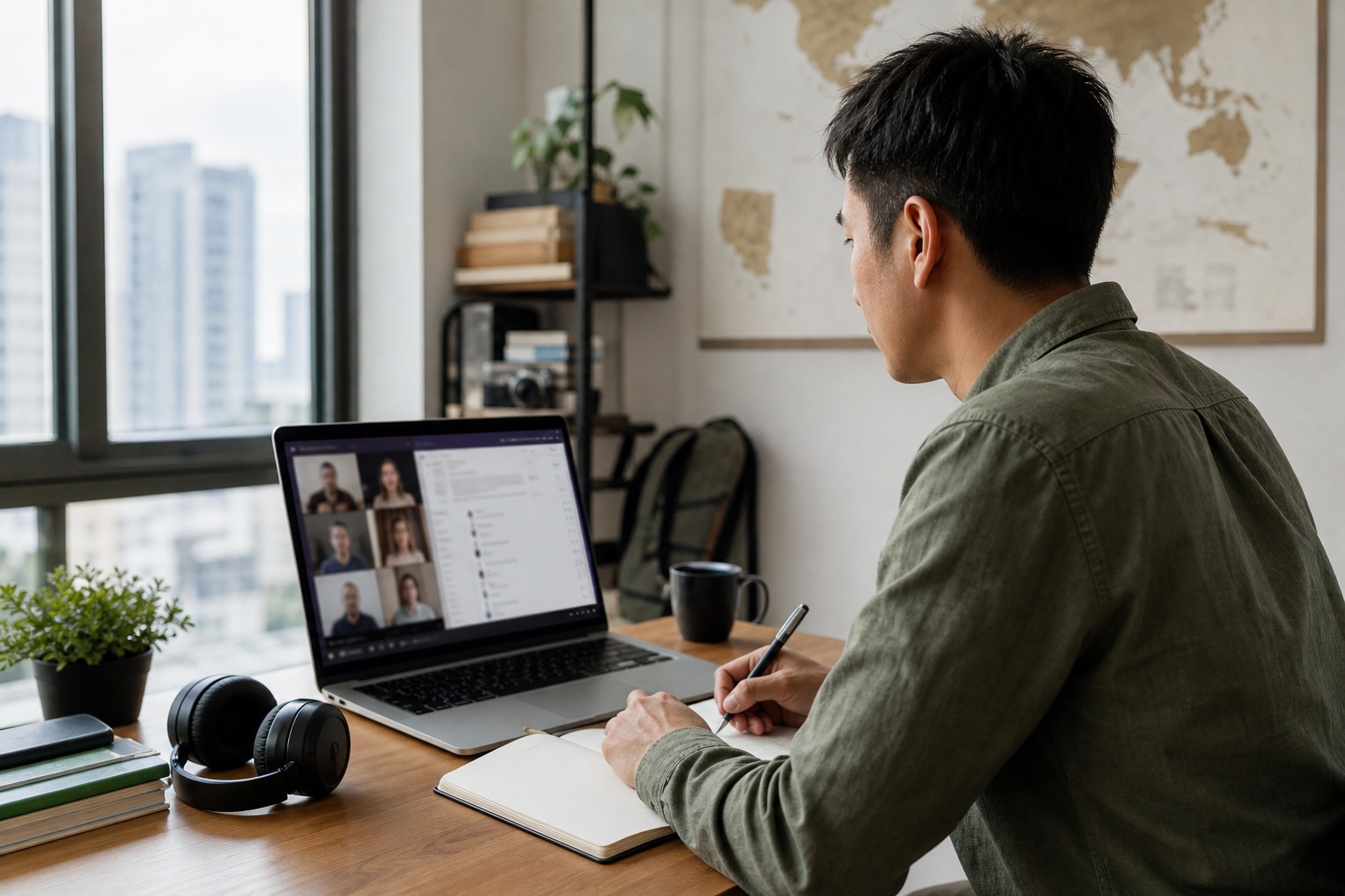 Remote professional reviewing AI-generated meeting notes beside a laptop during a video call