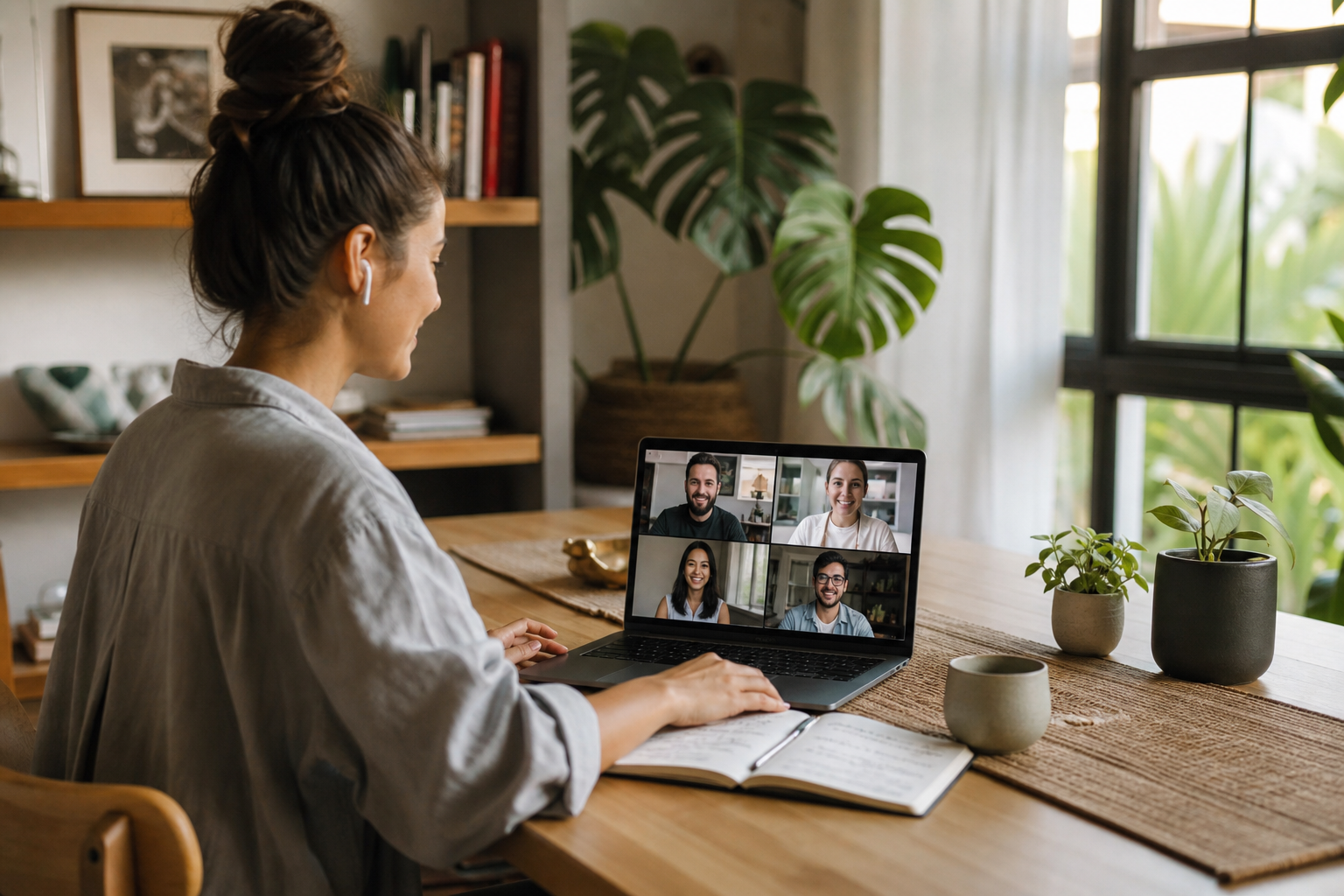 Small remote team collaborating across time zones with shared digital workspace on laptops