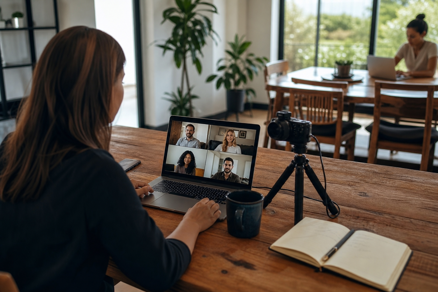 Remote colleagues conducting a focused project meeting with recording used for a clear business purpose