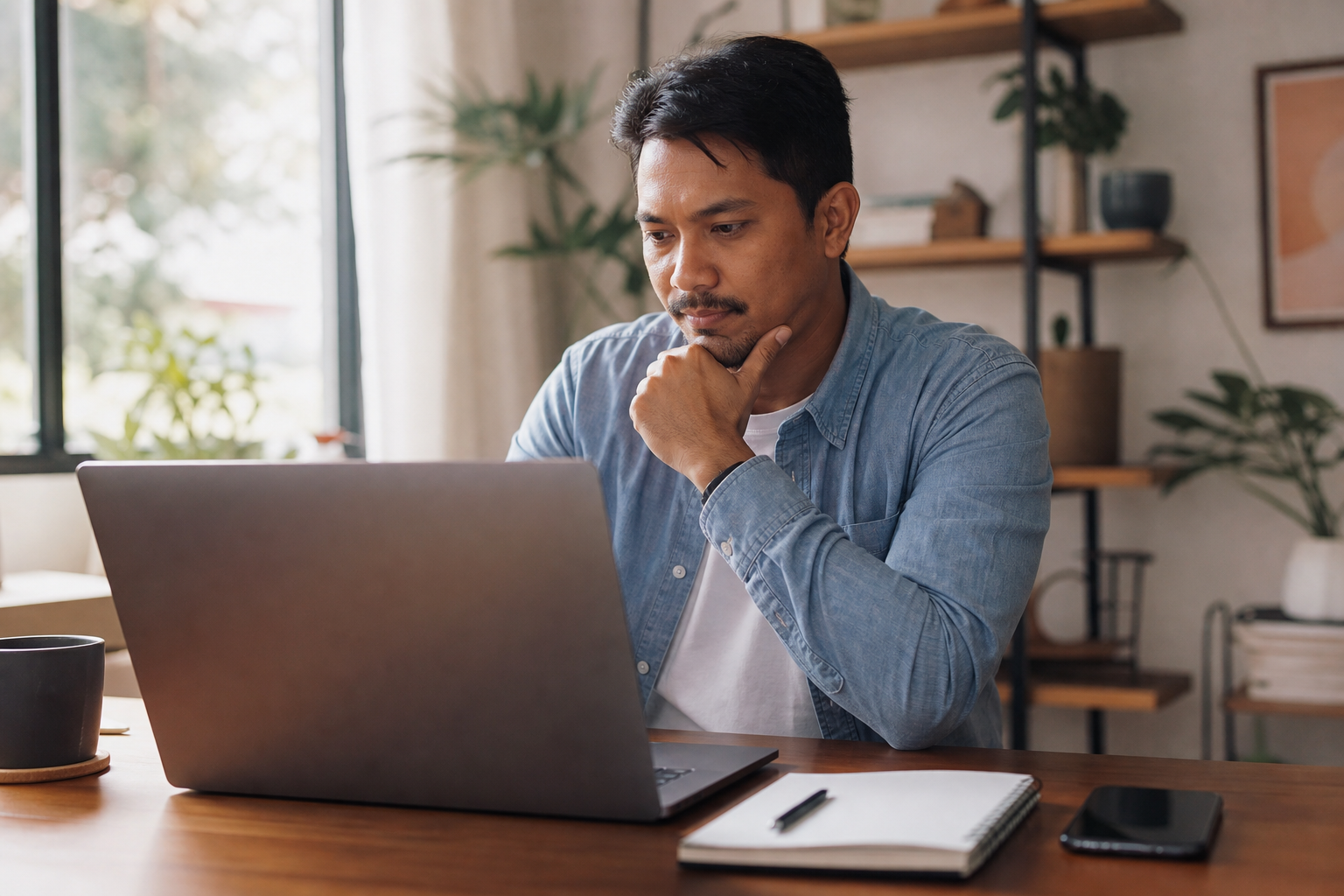 Remote professional reviewing an AI-drafted update before approving a project task