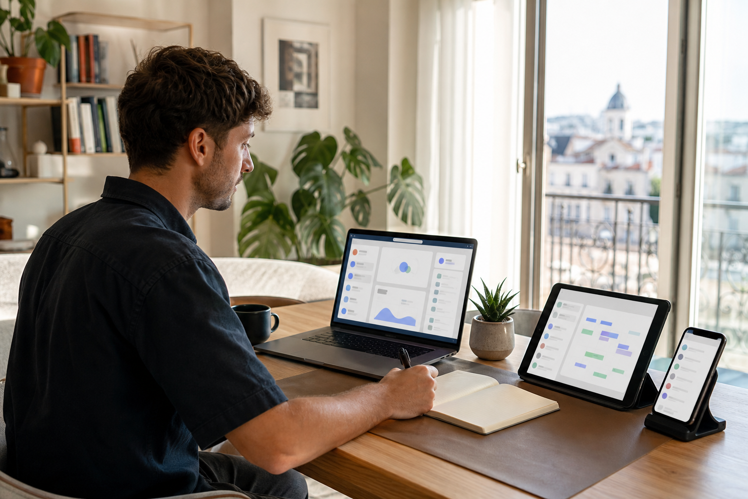 Remote professional using an AI assistant to organize information across connected work tools