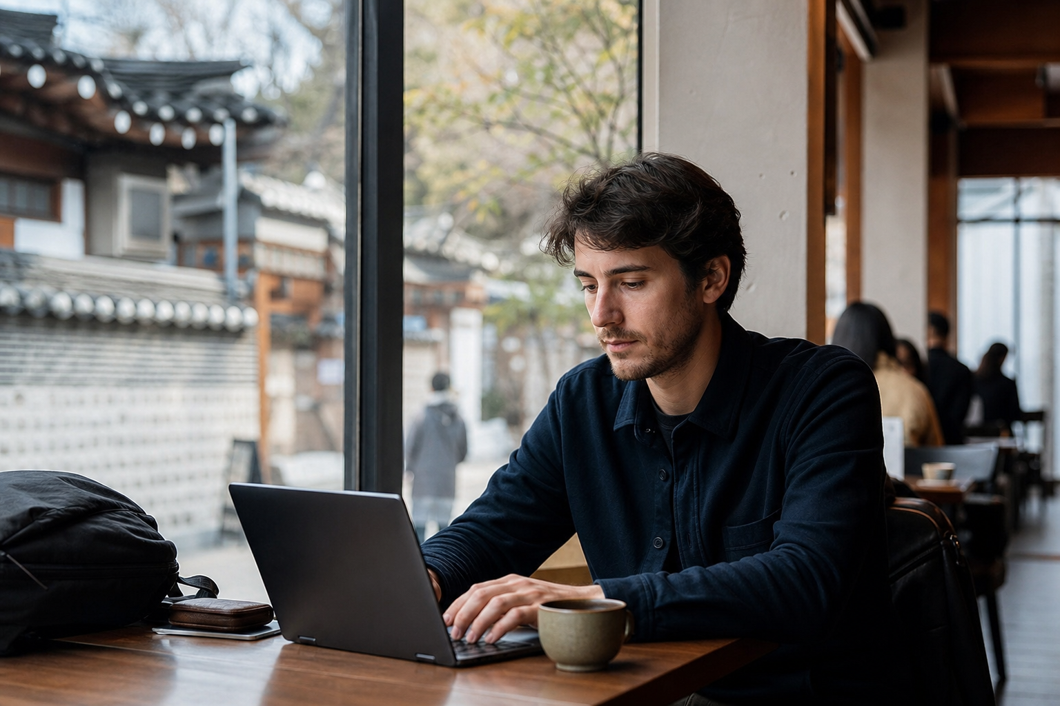 Digital nomad working from a bright café in Seoul
