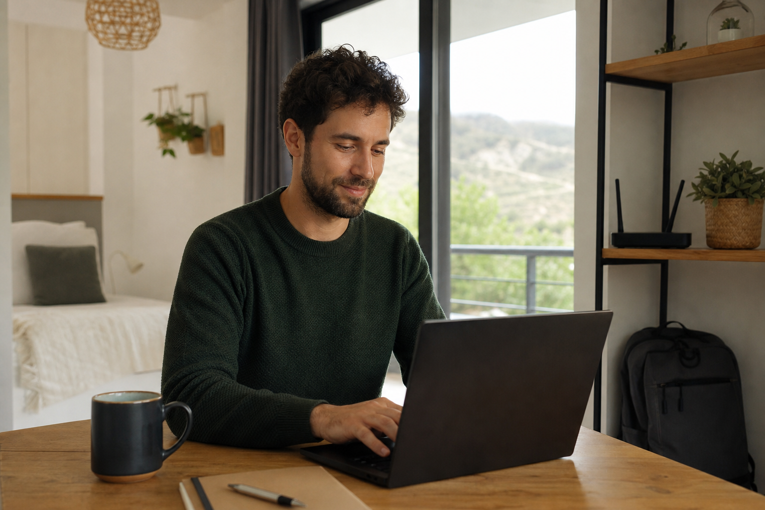 Remote worker testing a rental apartment internet connection at a desk before booking a stay