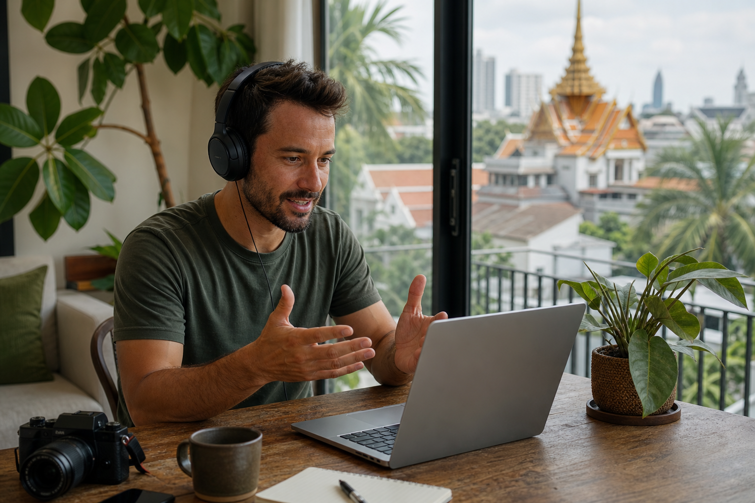 Freelancer working remotely from a bright apartment in Thailand