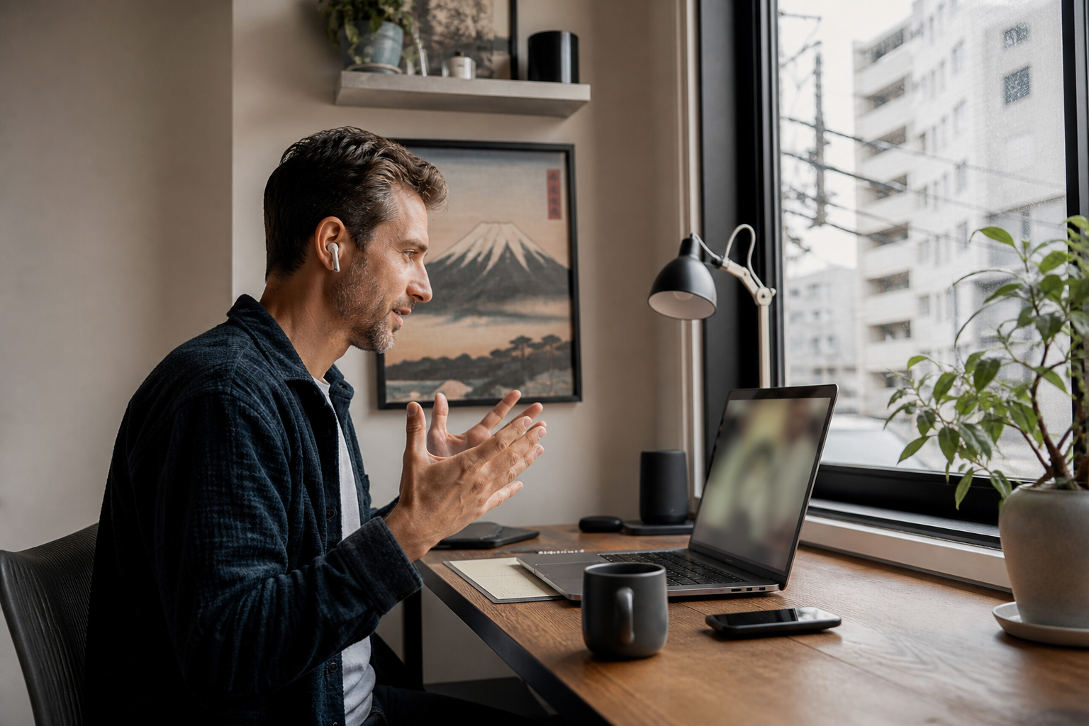 Freelance remote worker holding a video call from an apartment in Tokyo