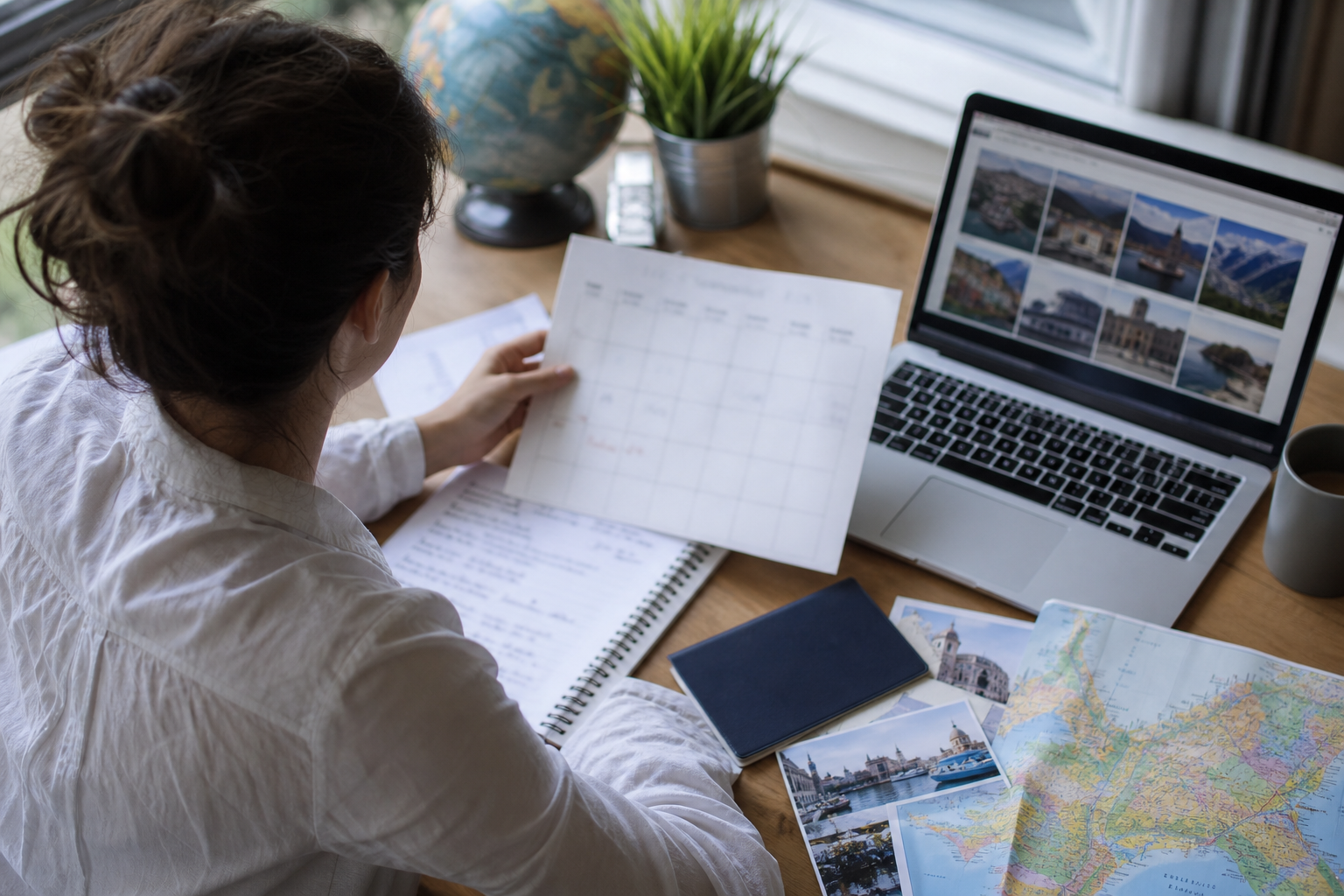 Traveler reviewing travel dates and a calendar while calculating a rolling Schengen stay