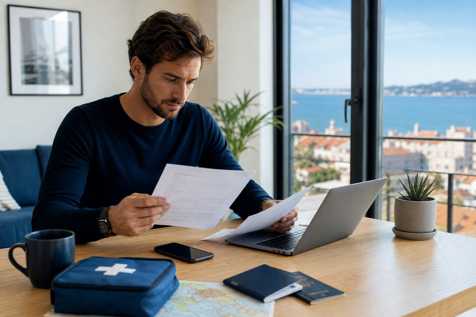 Digital nomad reviewing travel insurance options beside a passport, laptop and medical documents