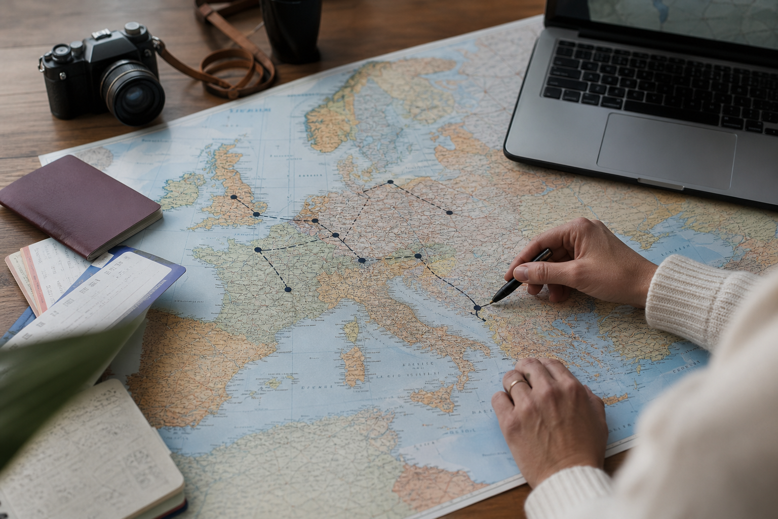 European travel itinerary marked across several Schengen destinations on a map