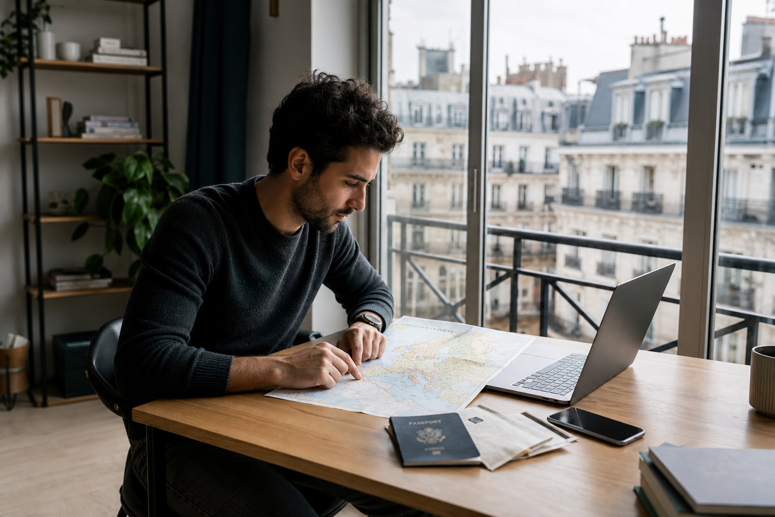 Digital nomad planning a multi-country European itinerary beside a passport, laptop, and map