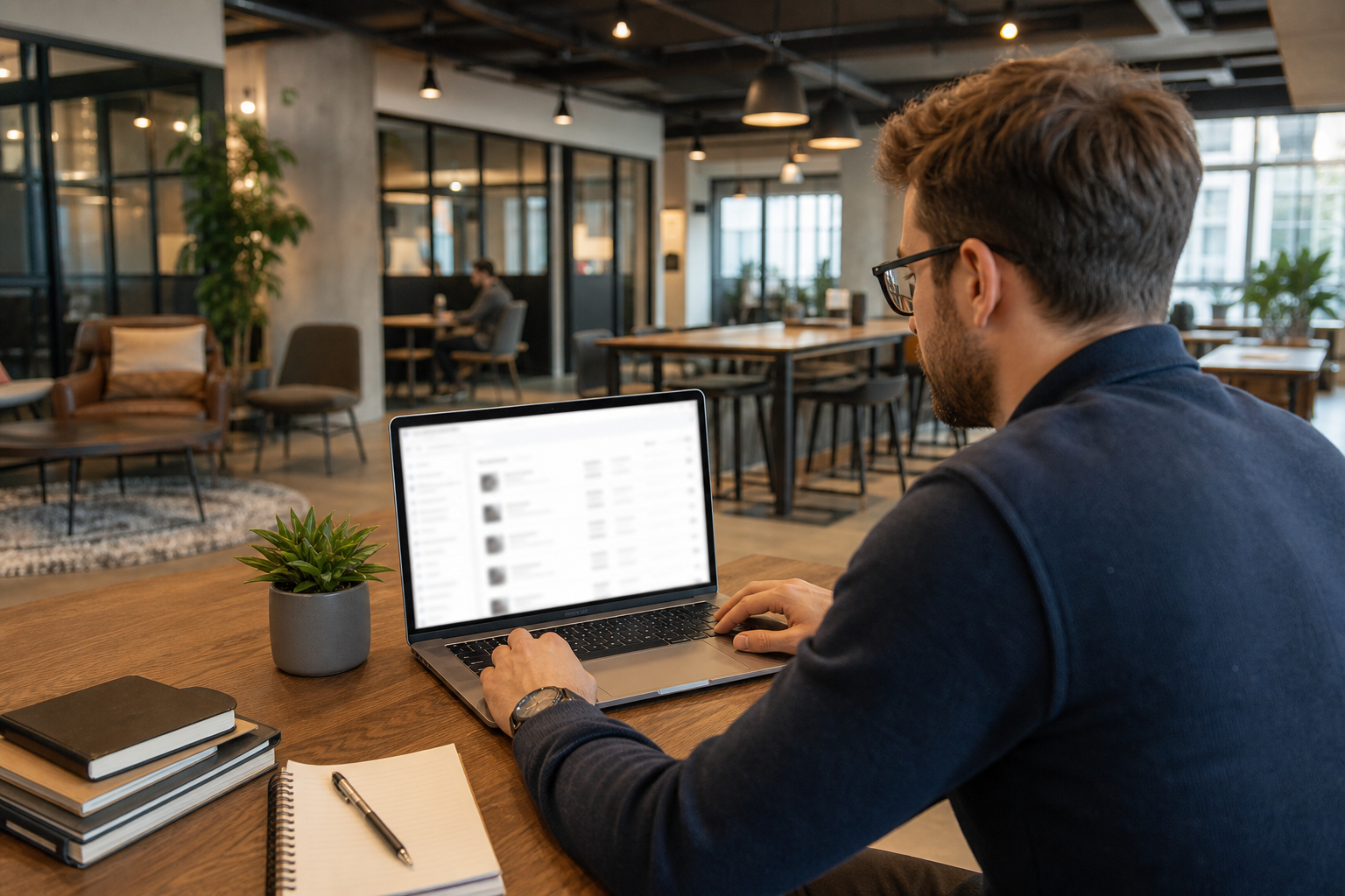 Remote manager searching an organized archive of AI meeting transcripts on a laptop