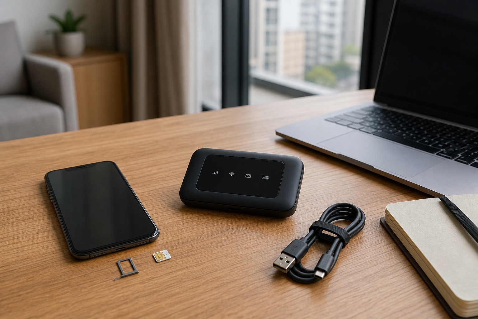 Travel connectivity essentials including a smartphone, SIM card tray, portable hotspot, and laptop arranged on a workspace
