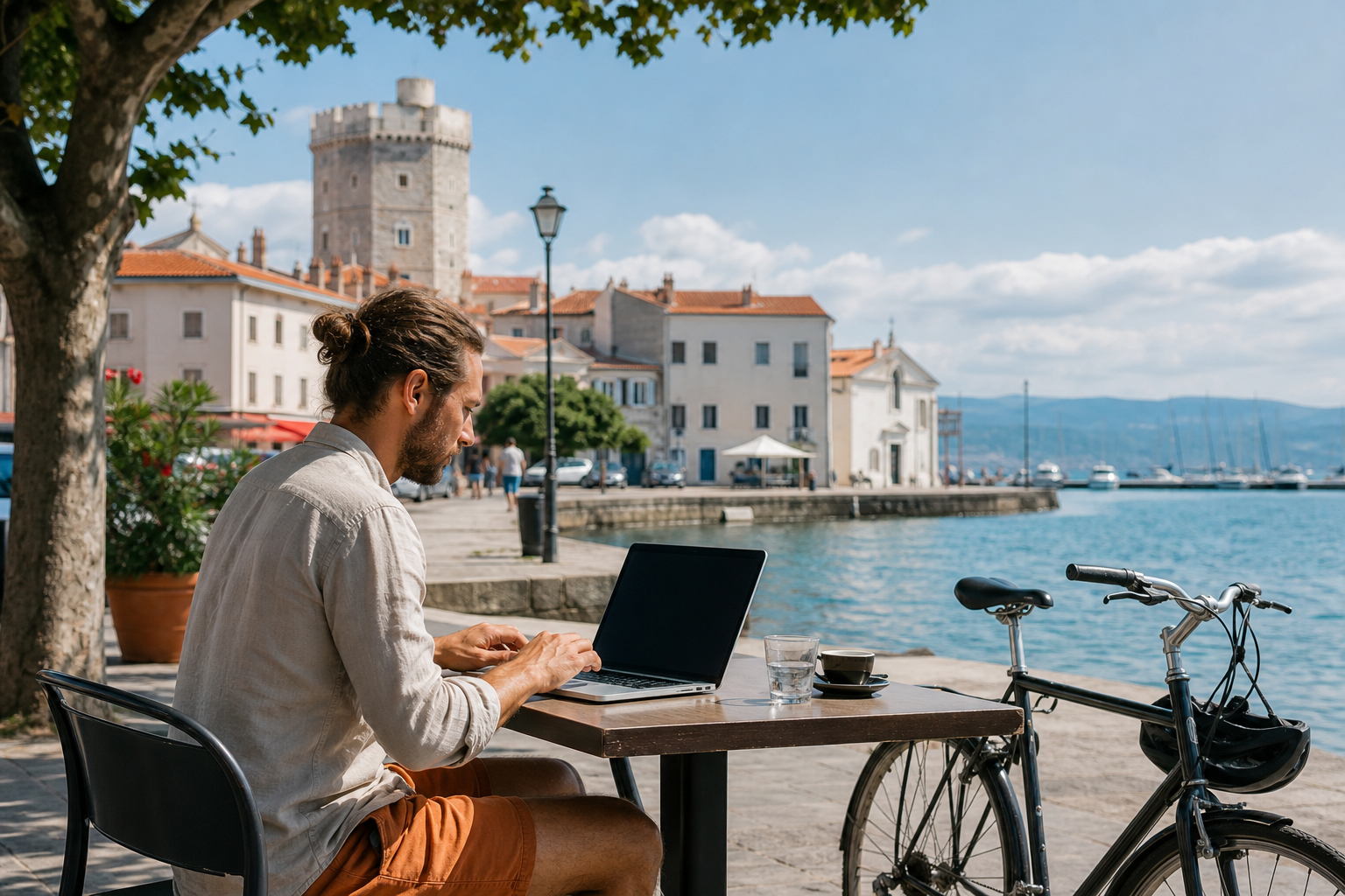 Digital nomad working remotely near the Slovenian coast in Koper