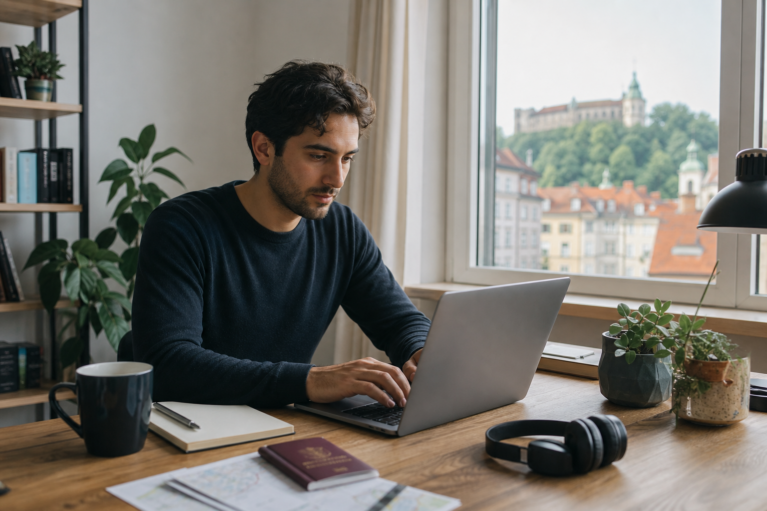 Non-EU remote worker working from a laptop in a Slovenian apartment with travel and work documents nearby