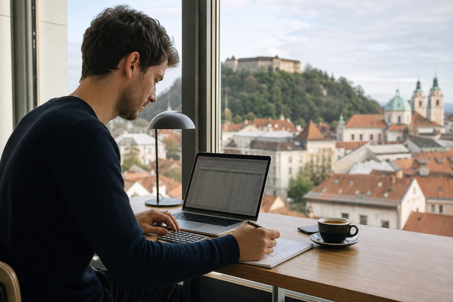 Remote worker reviewing personal finances on a laptop at a desk in Ljubljana