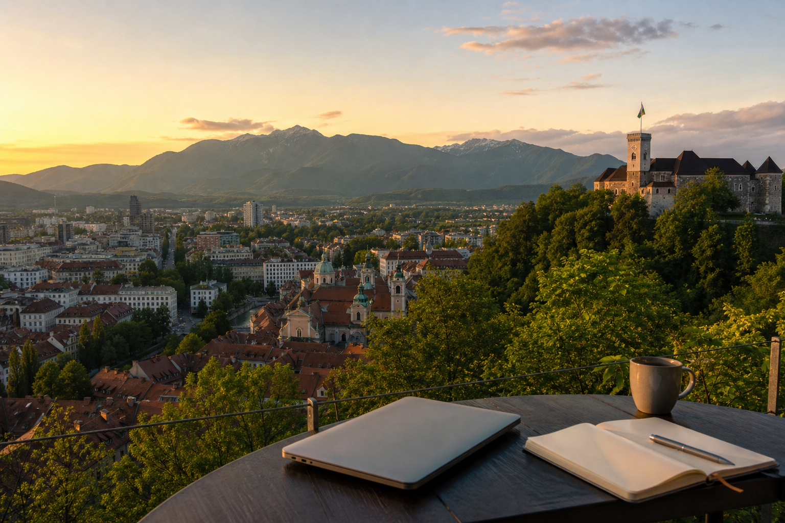 Digital nomad working with a view of Ljubljana and the Slovenian landscape