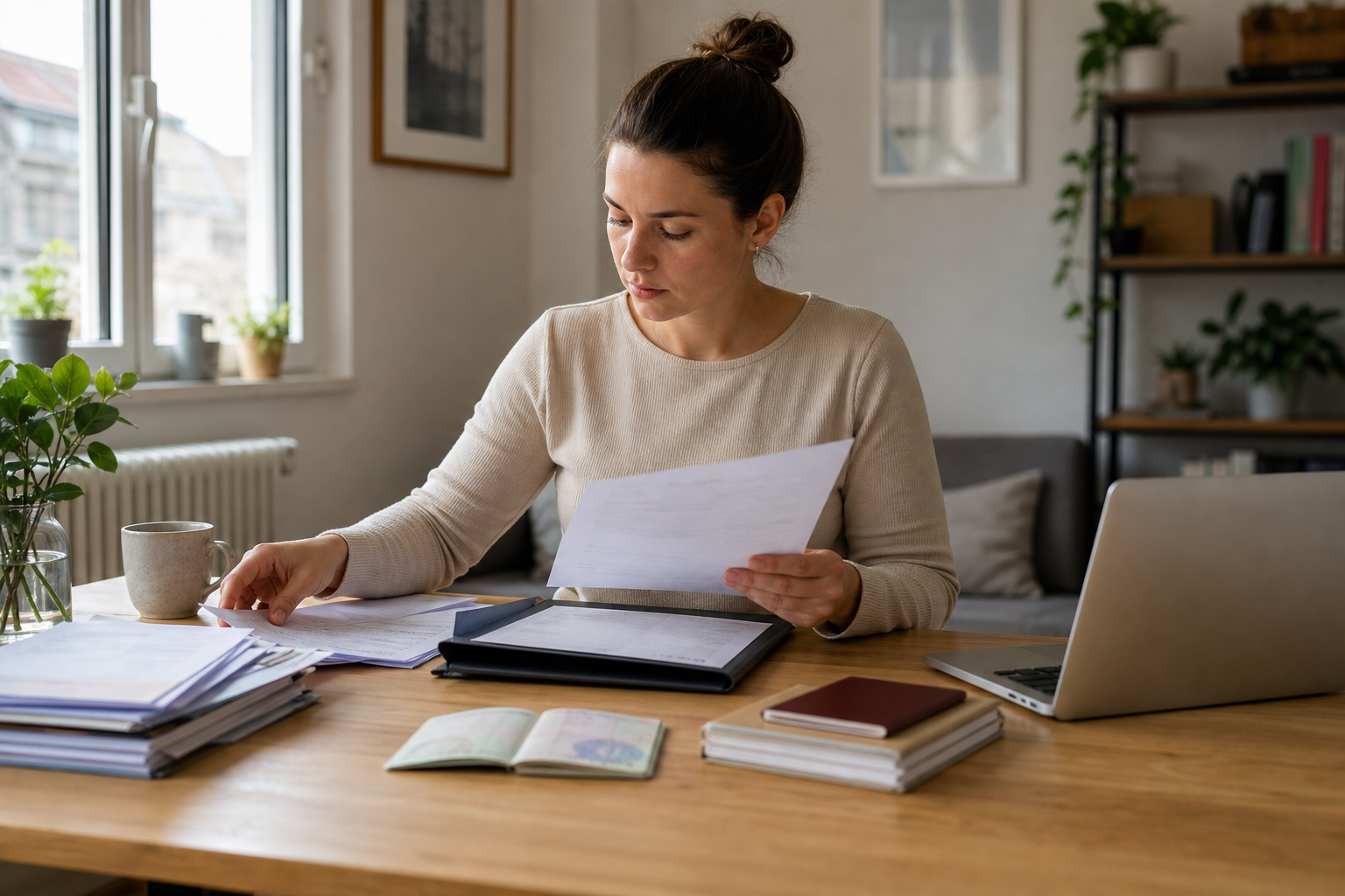 Digital nomad organizing bank statements and work documents beside a laptop before applying for residence