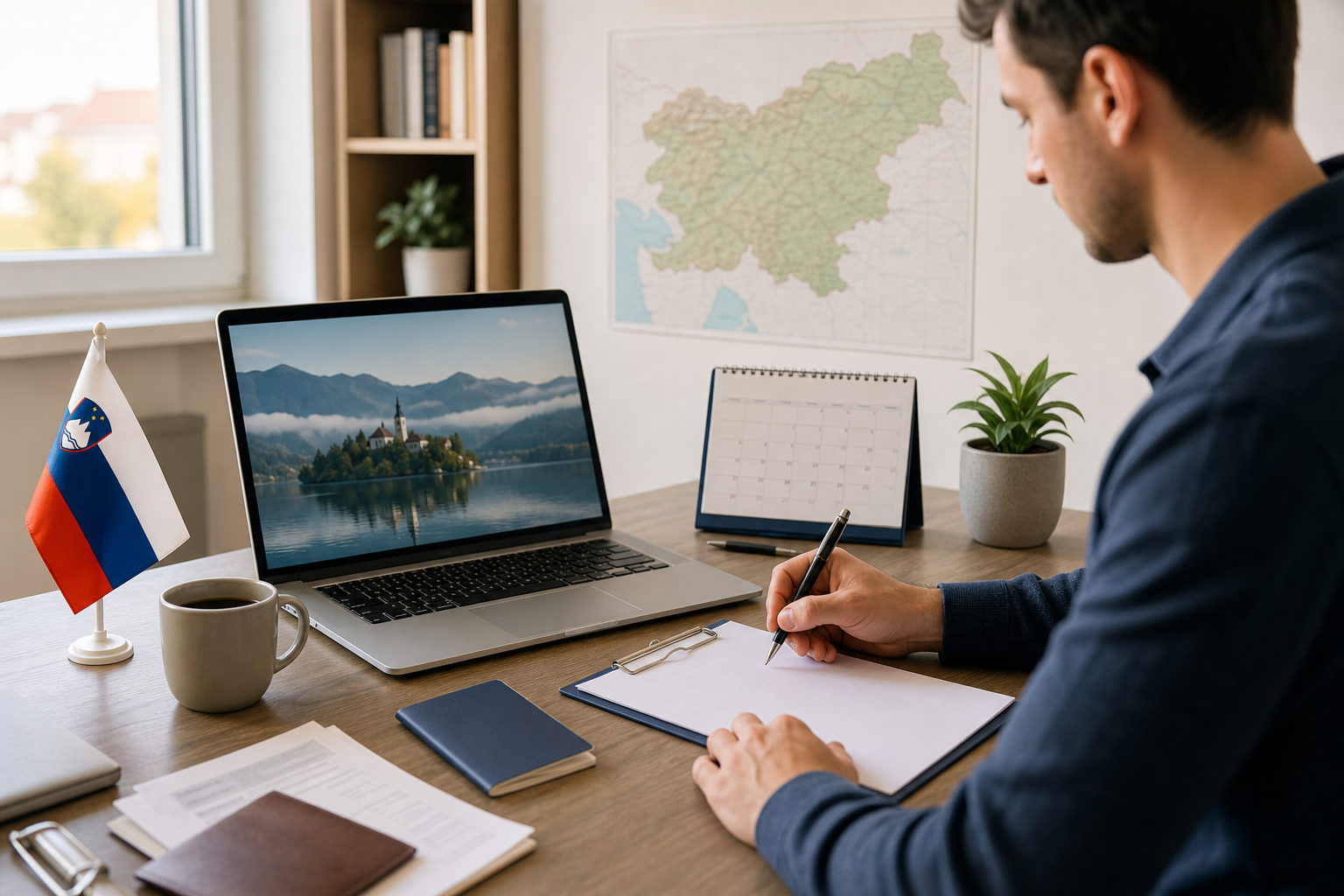 Remote worker organizing documents for a Slovenian digital nomad residence permit