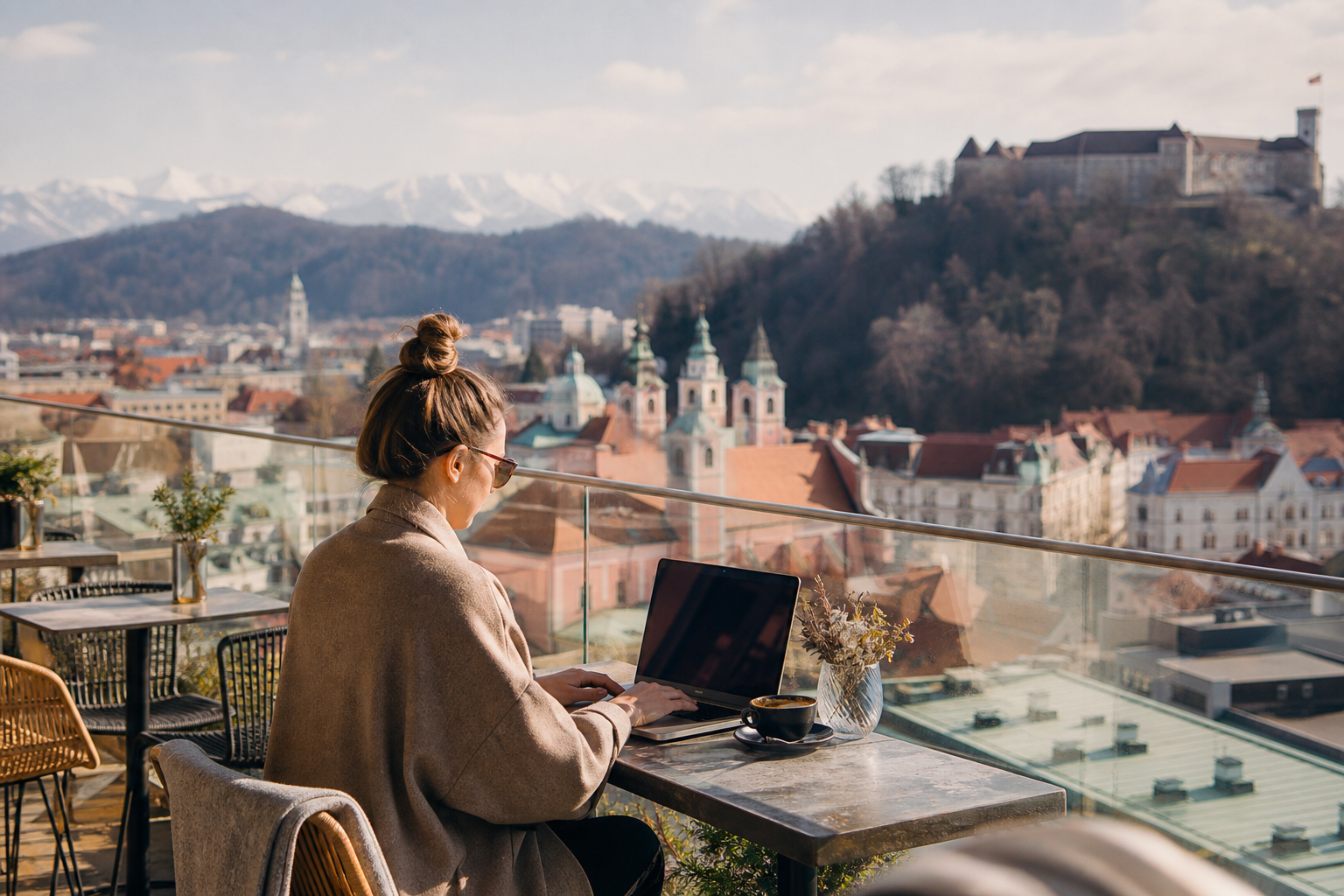 Remote professional working on a laptop with Ljubljana rooftops and Slovenian mountains in the background