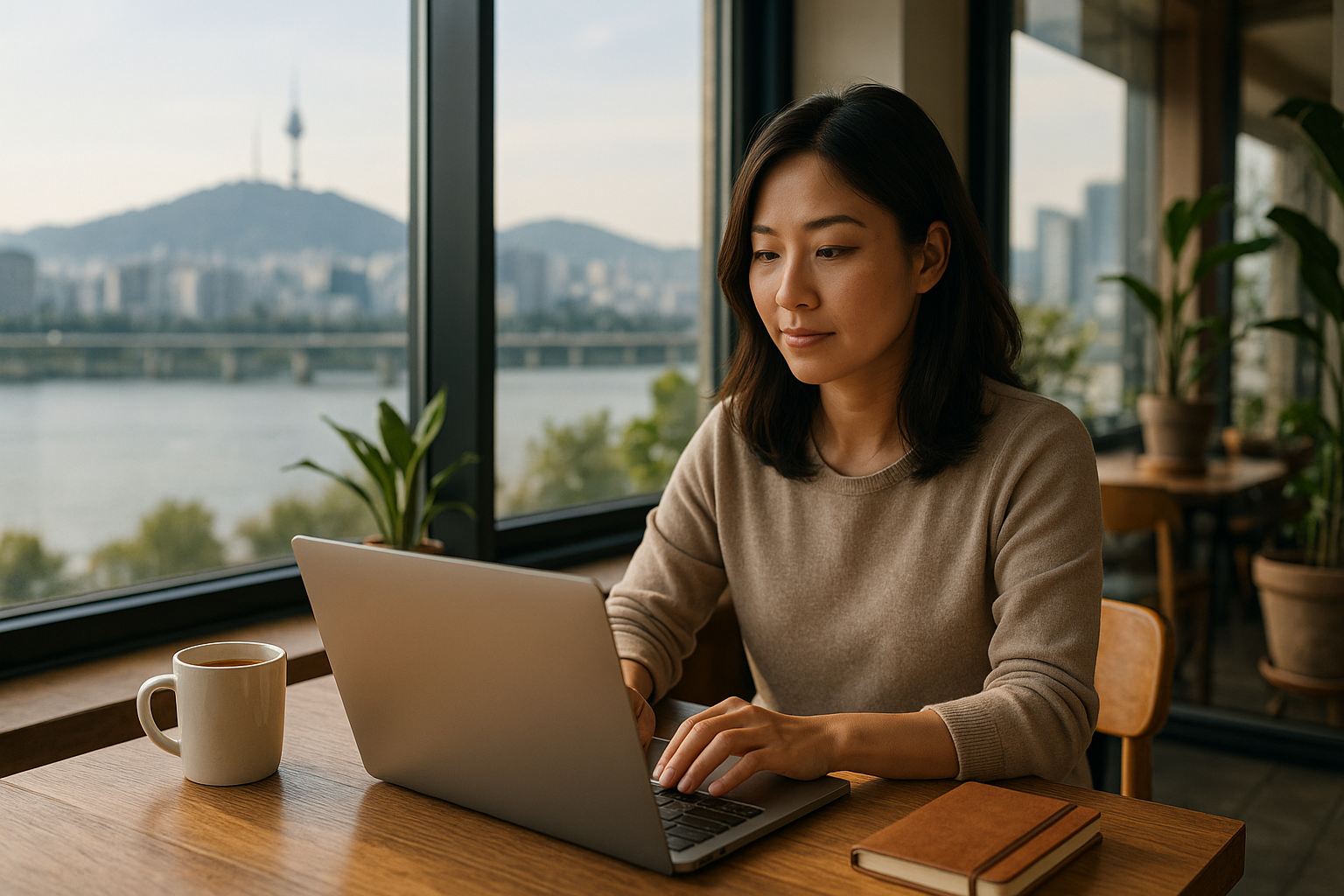 Digital nomad working in a modern Seoul café with laptop, window view of the Han River and N Seoul Tower in the background, representing South Korea F-1-D workation visa travel.