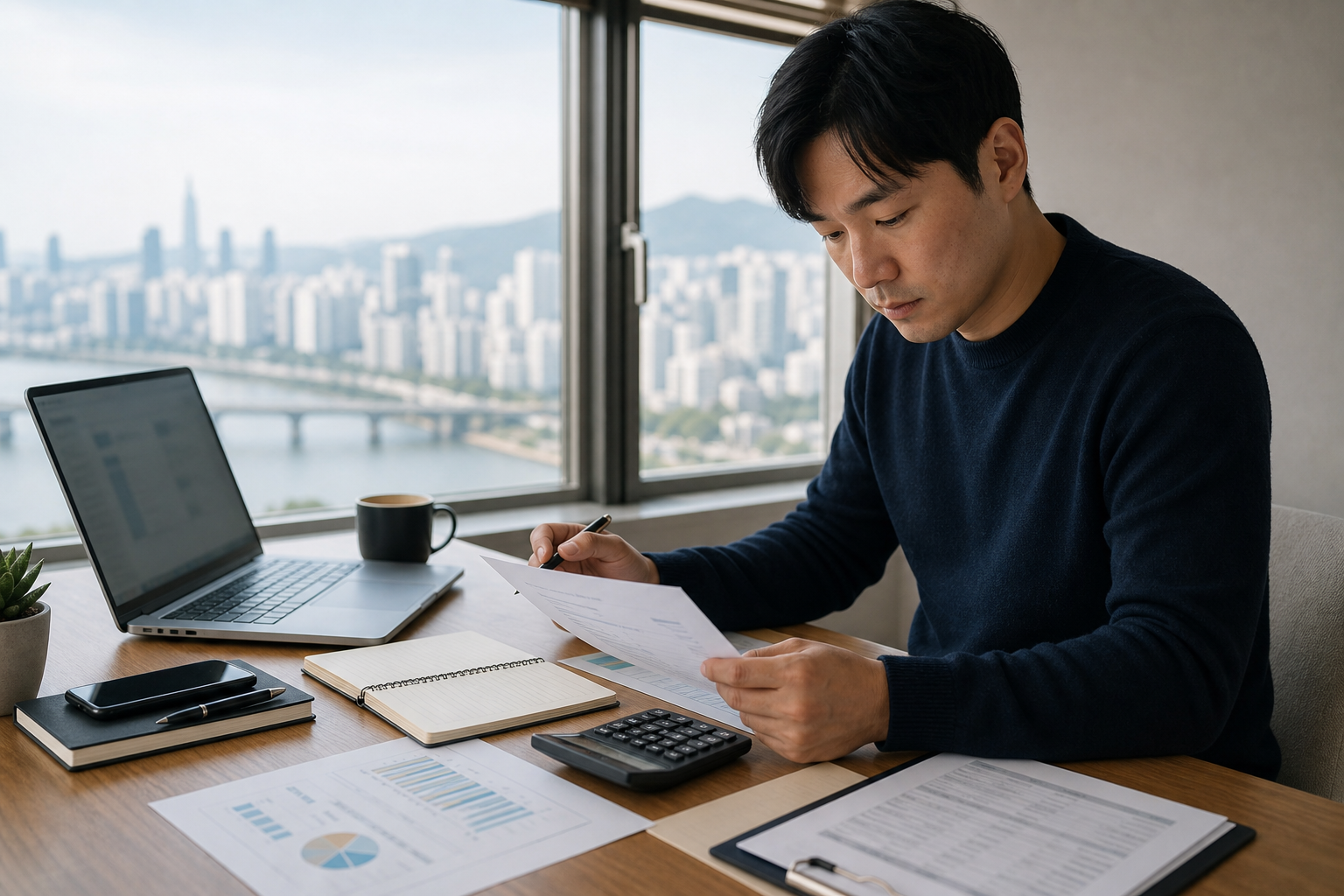 Remote worker reviewing finances with a calculator and laptop