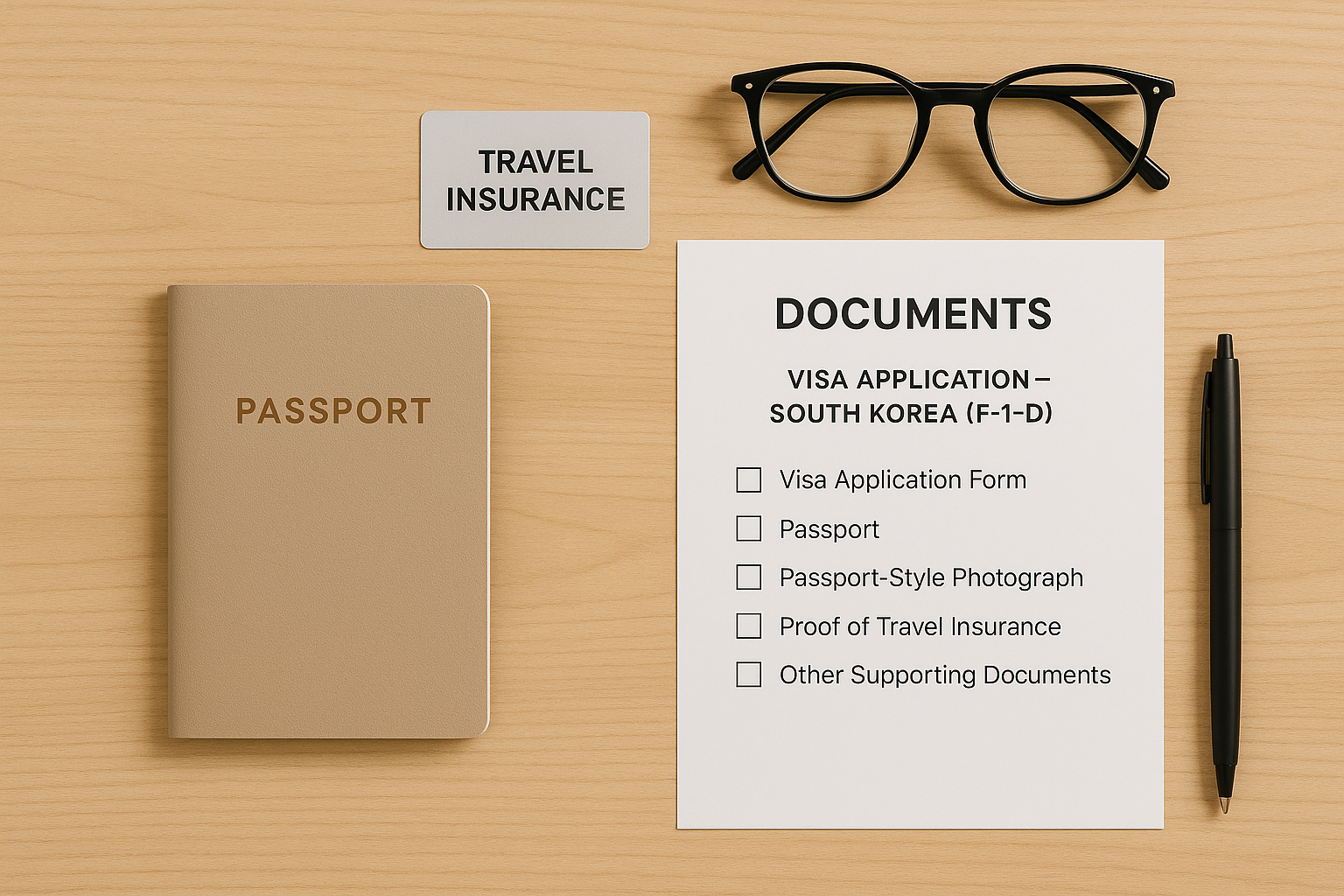 Flat lay of workation visa application items including a passport, printed checklist, travel insurance card, pen and eyeglasses for a South Korea F-1-D application.