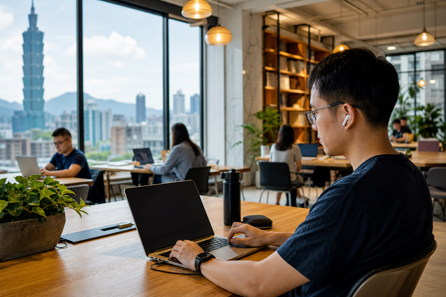 Remote worker using a laptop in a well-equipped coworking space in Taiwan