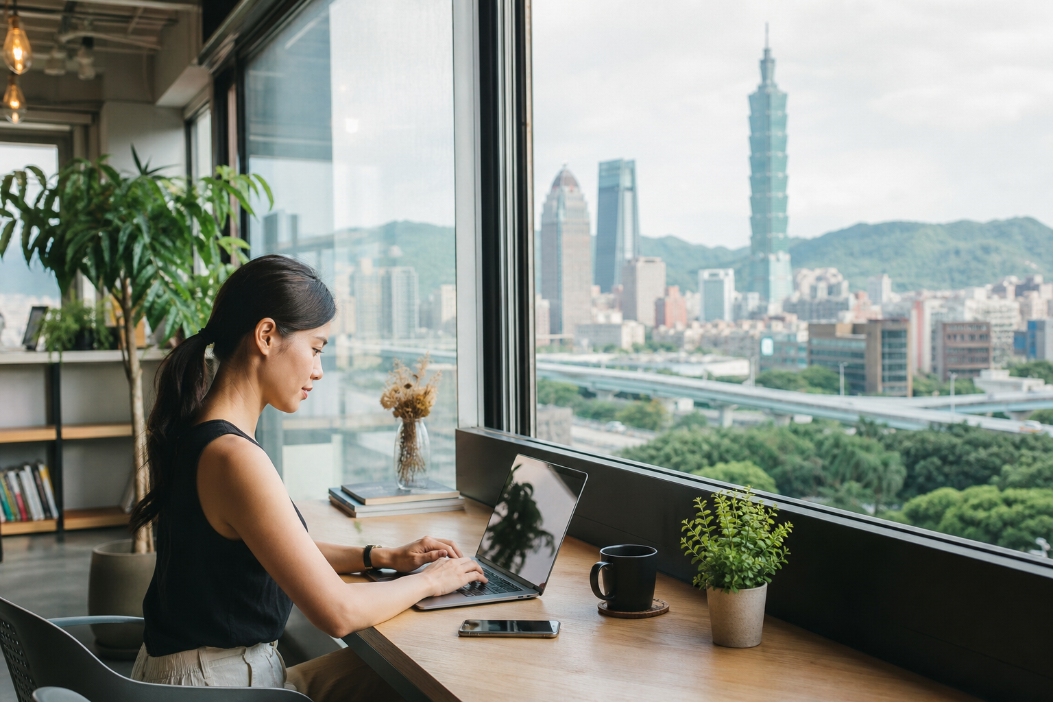 Digital nomad working on a laptop in a bright Taipei workspace with the city skyline beyond