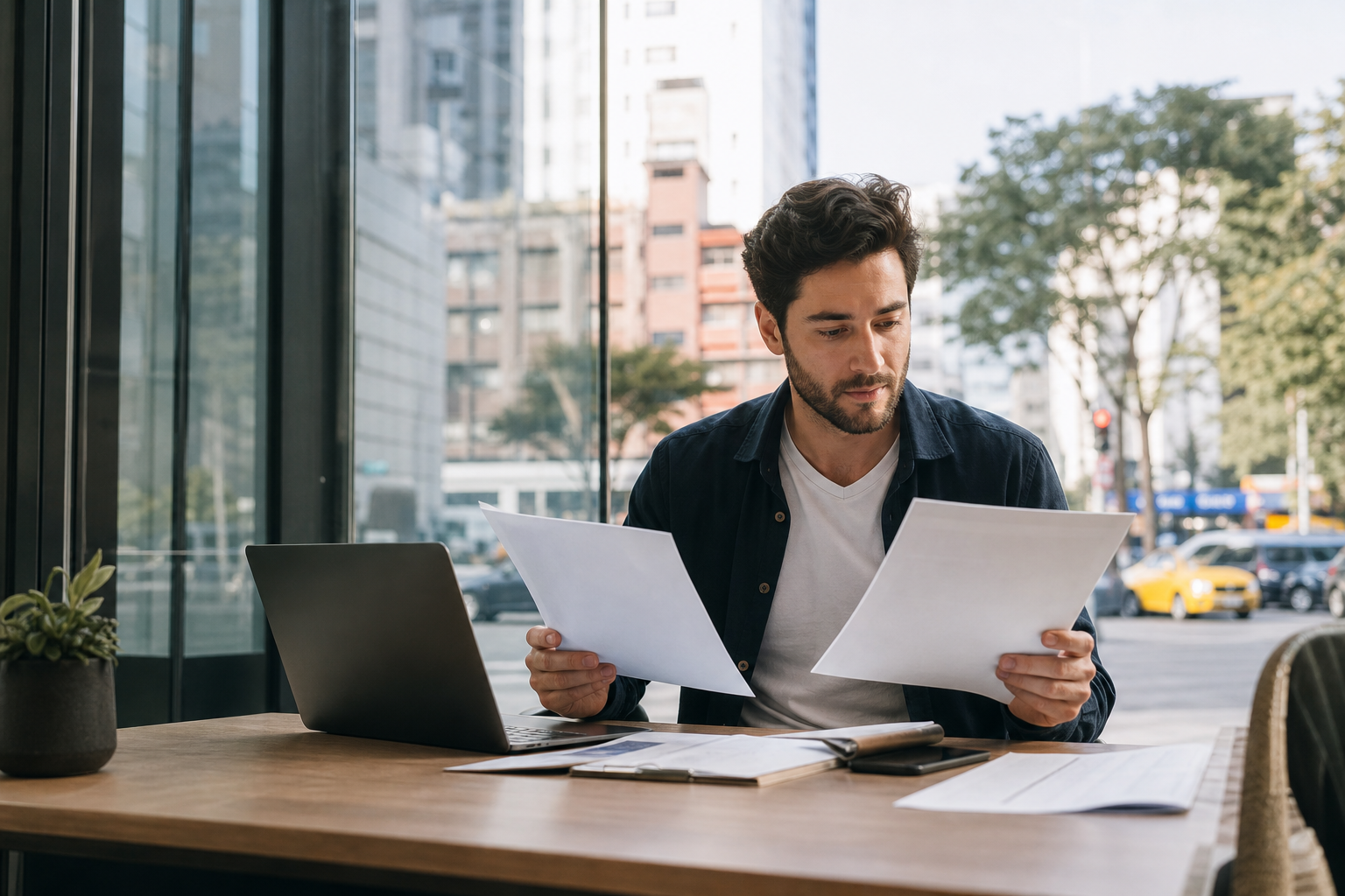 International remote worker reviewing travel and work documents at a desk in Taiwan