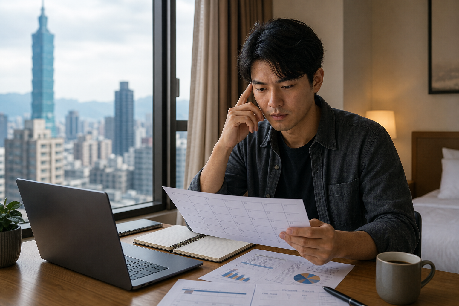 Digital nomad reviewing travel dates and financial notes at a desk in Taiwan