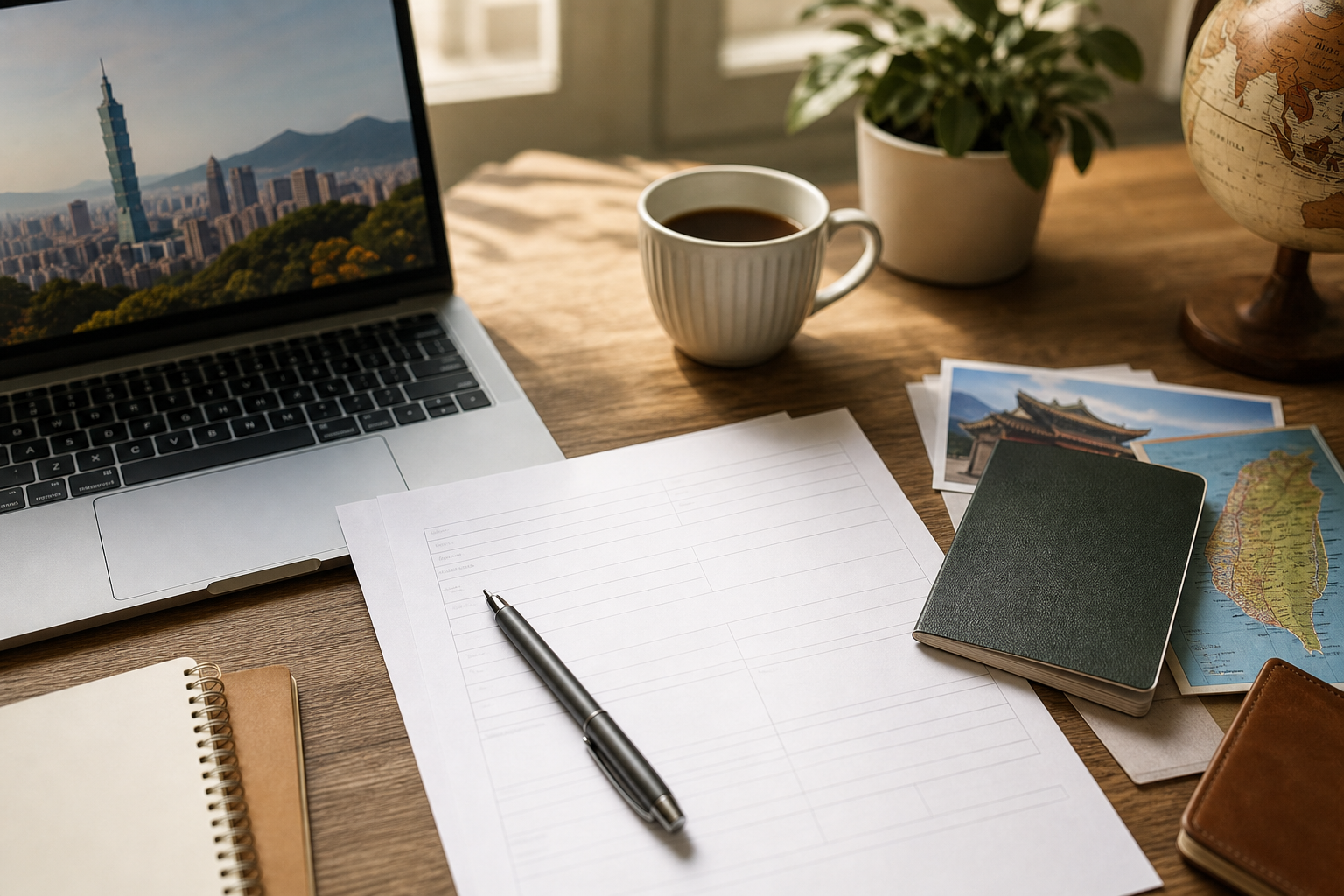 Organized passport, laptop and application documents on a desk for planning a Taiwan remote-work stay