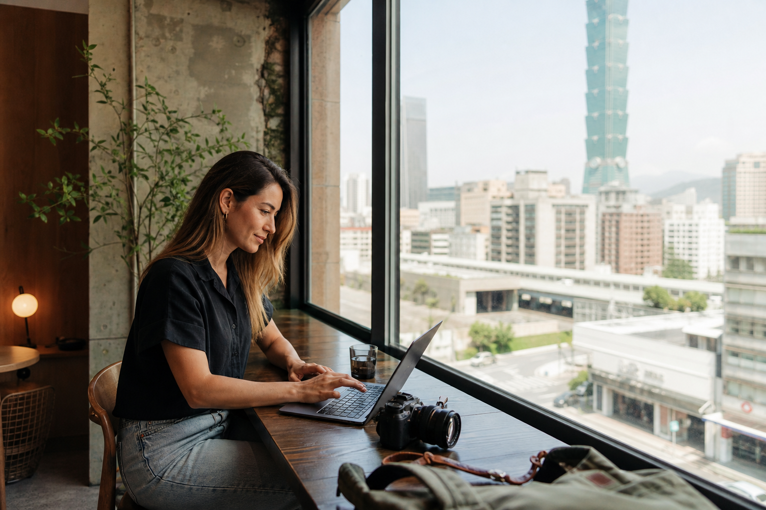 Remote worker using a laptop in a bright Taipei cafe with the city skyline visible outside