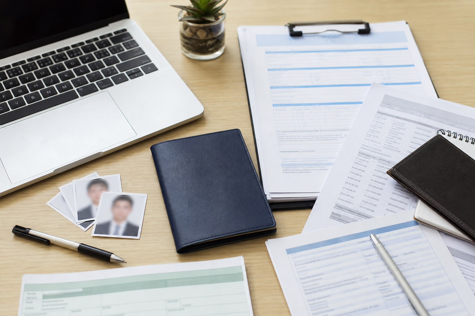 Laptop, passport, insurance papers, and financial records arranged for a Taiwan visa application