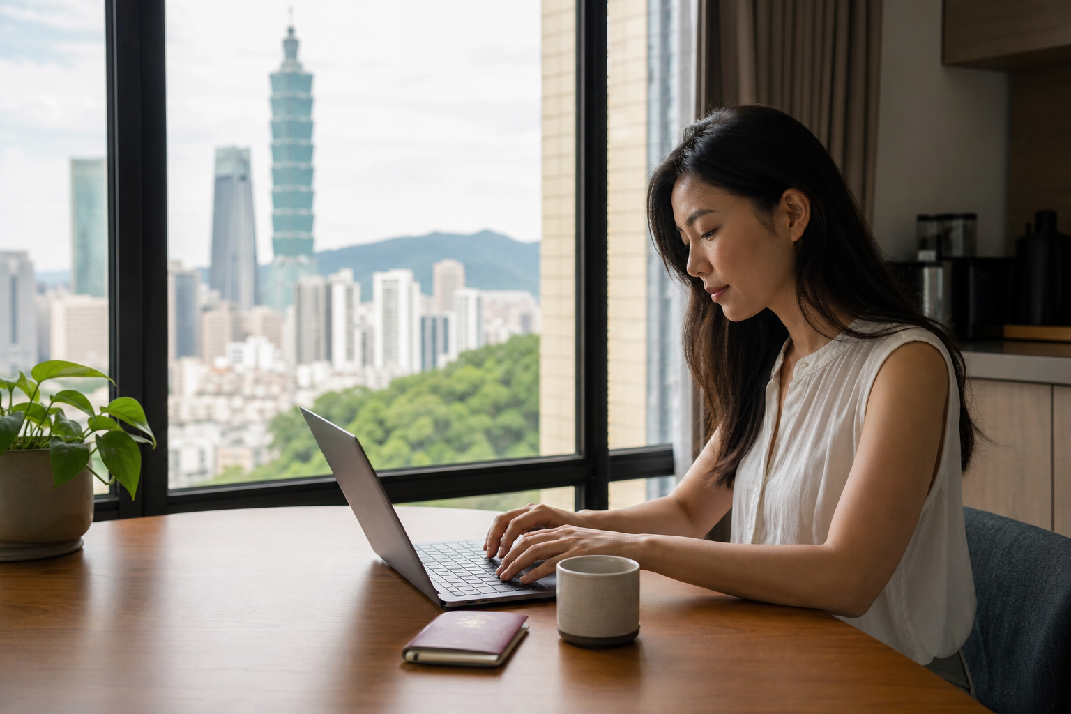 Remote professional working on a laptop in a Taipei apartment while looking out over the city