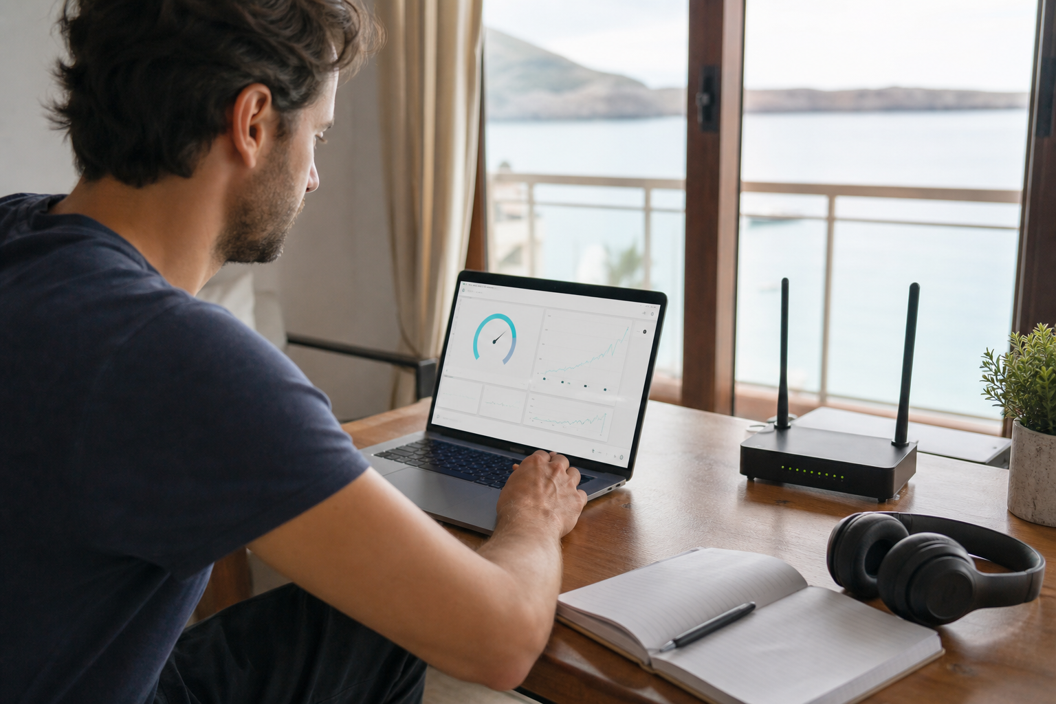 Remote worker running an internet speed test on a laptop from the desk inside a rental apartment