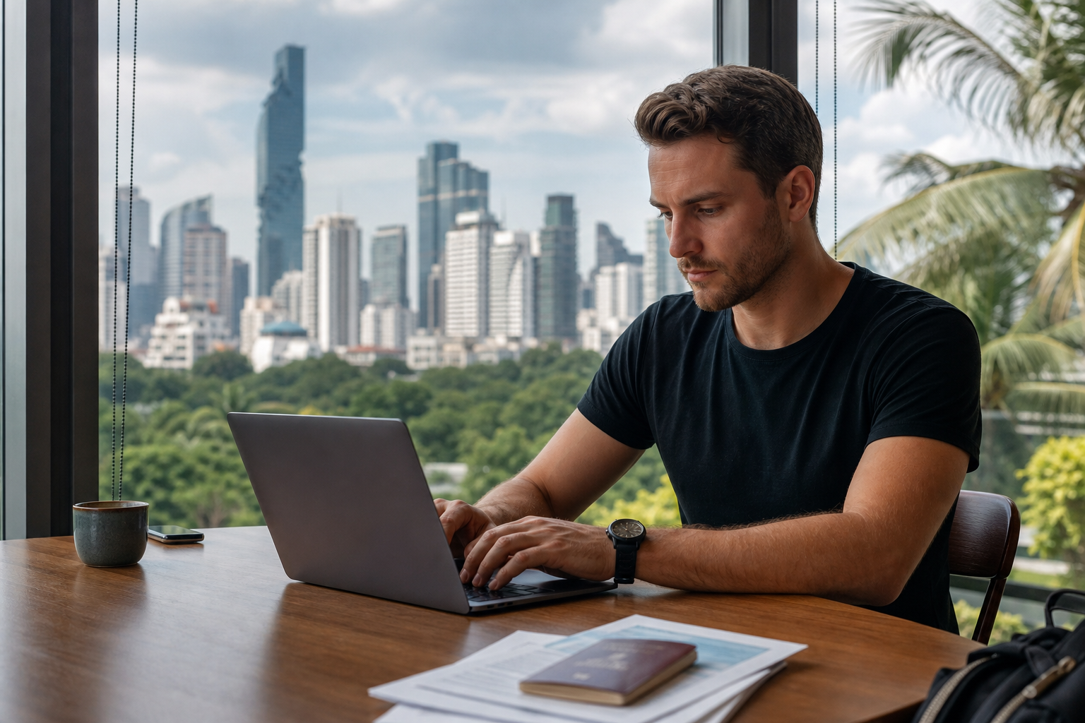 Remote worker using a laptop beside a passport at a workspace overlooking Bangkok