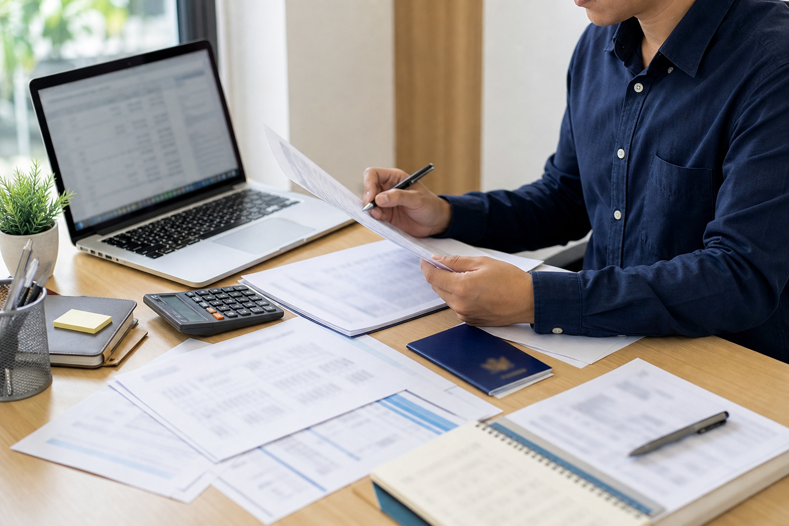 Applicant reviewing financial records while preparing a Thailand visa application