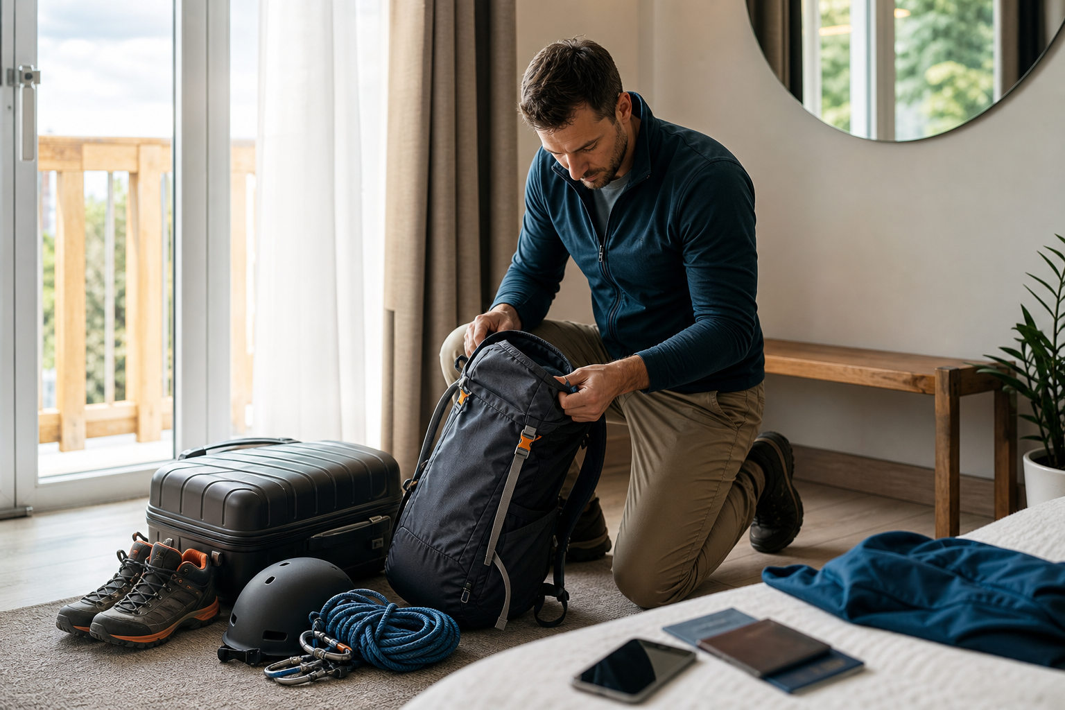Traveller checking luggage and outdoor equipment before an international journey