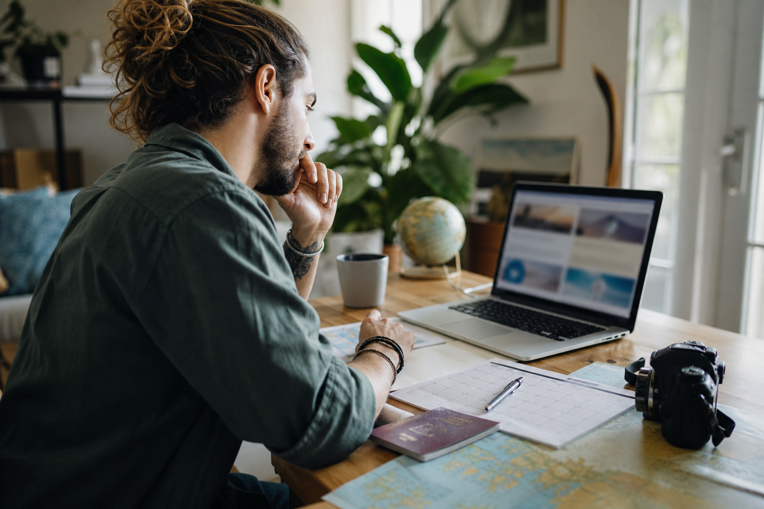 Remote worker researching visa and health insurance requirements on a laptop before travelling