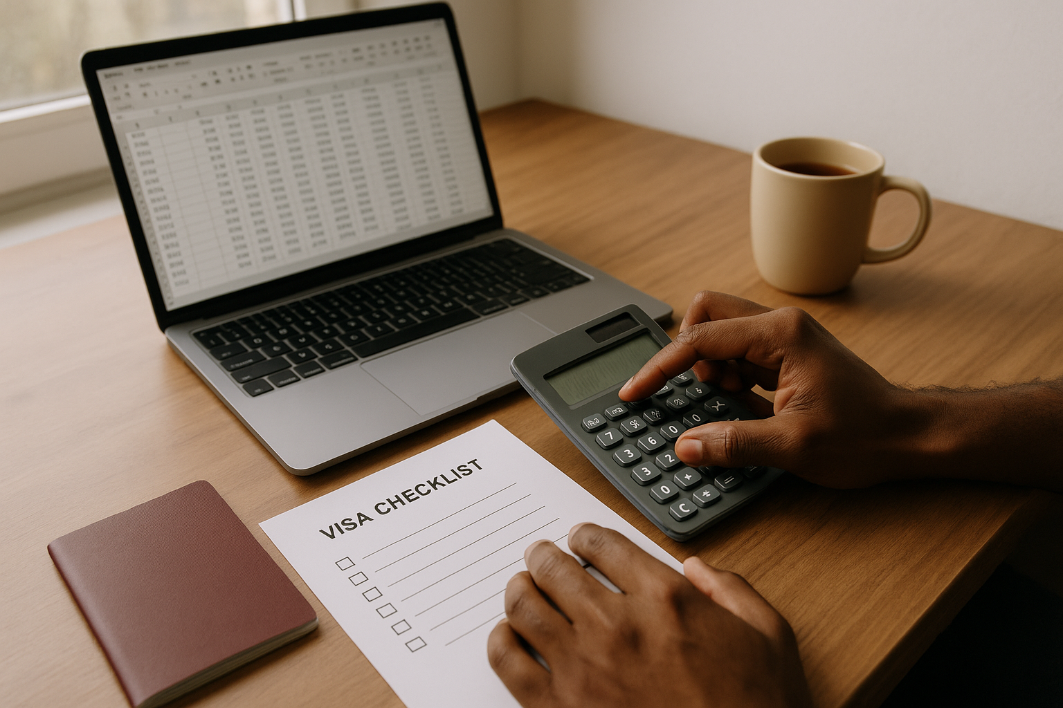 Remote worker calculating annual income and checking a visa requirements checklist on a laptop and paper calculator while preparing F-1-D application.