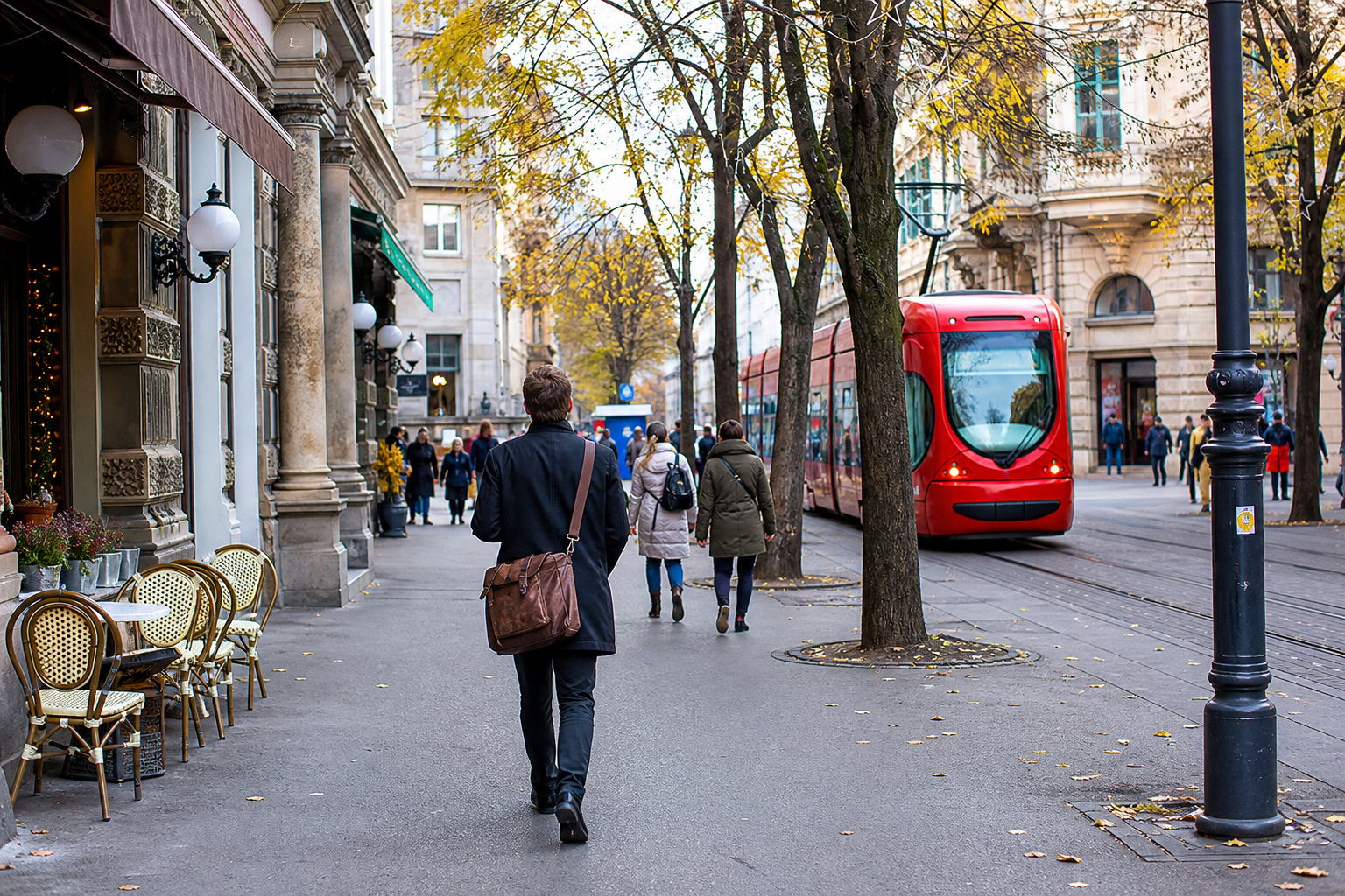 Remote worker walking near Zagreb streets with a laptop bag and tram in the background