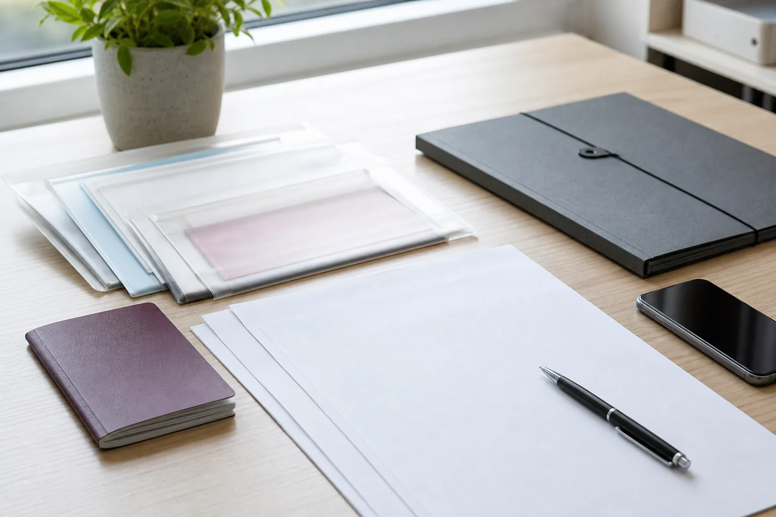 Organized application papers and identification documents on a clean desk